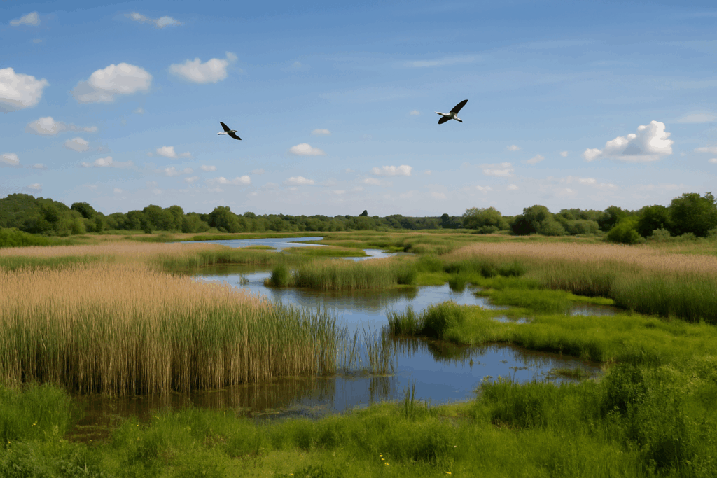 Paysage de zone humide naturelle riche en biodiversité, avec des oiseaux et des plantes aquatiques.