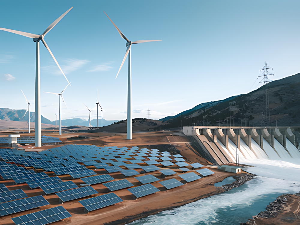 Parc éolien, panneaux solaires et barrage hydroélectrique illustrant les filières renouvelables en France en 2025.