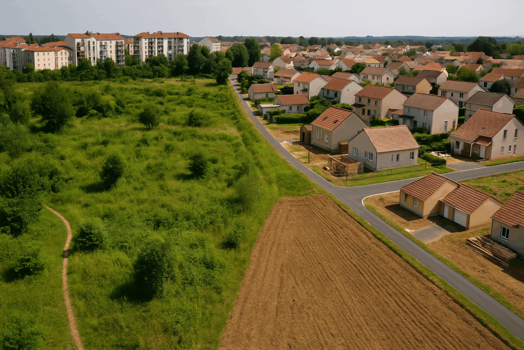 Contraste visuel entre une friche réhabilitée et une zone urbanisée sur sol agricole, illustrant les enjeux du ZAN.