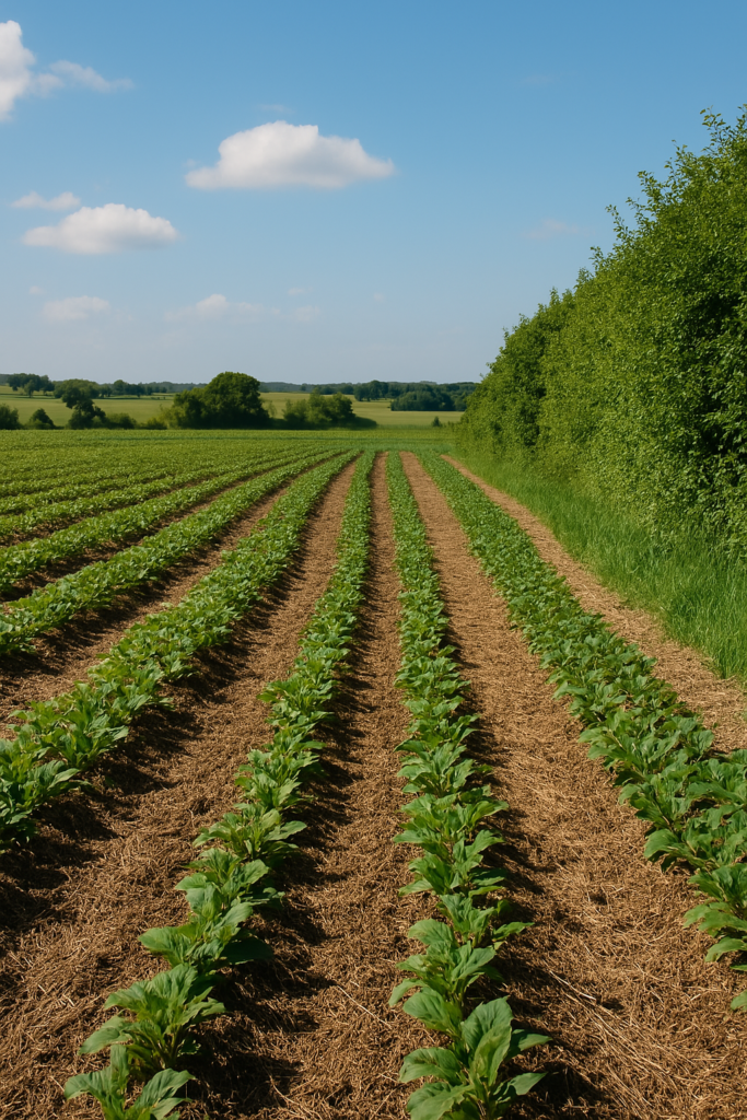 Champ cultivé avec couverture végétale et haies, illustrant le stockage de carbone dans les sols agricoles.