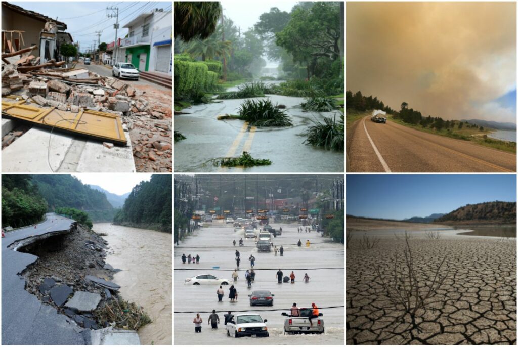Inondations, incendies de forêt et tempêtes illustrant les catastrophes naturelles et leur coût en 2025.