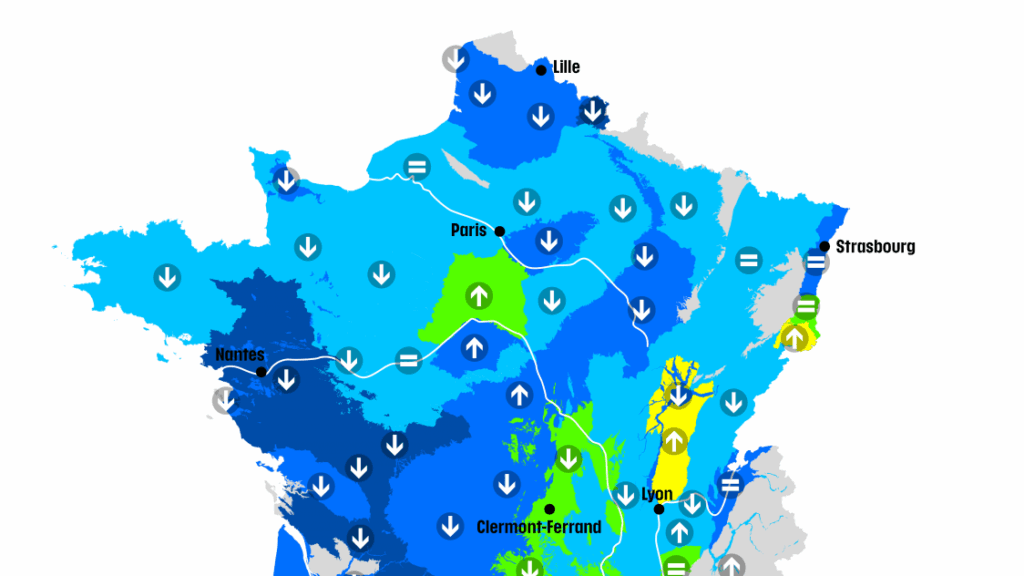 Carte de la France montrant l'impact du réchauffement climatique sur les nappes phréatiques, illustrant les zones à faible niveau d’eau.