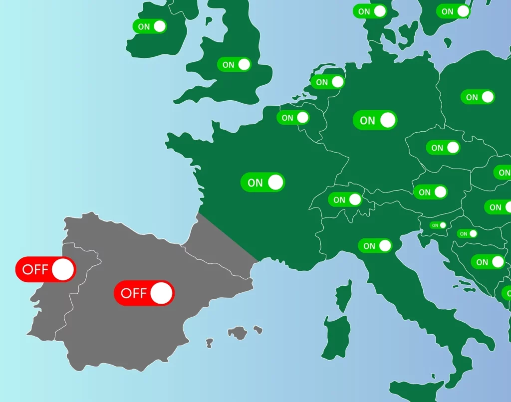 Carte de l’Europe montrant les zones touchées par la panne d’électricité de 2025, avec des régions subissant des coupures massives.