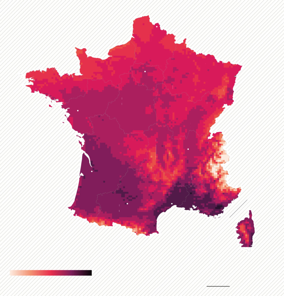 Carte de la France indiquant les zones affectées par l’augmentation des températures prévues pour 2100