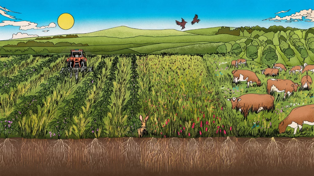 Champ d’agriculture régénérative avec des cultures de couverture et des arbres, illustrant des pratiques agricoles respectueuses de l’environnement.