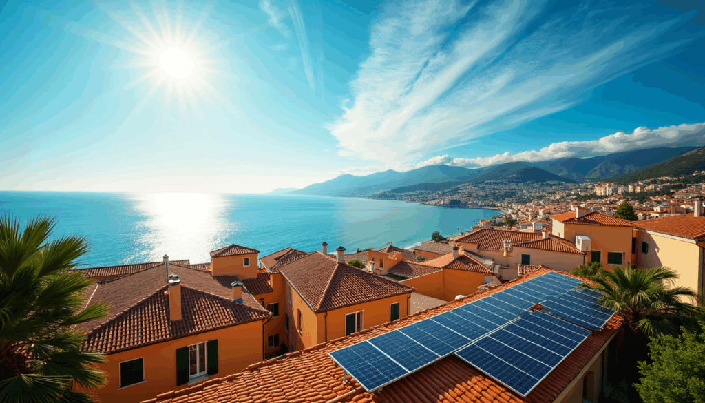 Panneaux solaires dans une région méditerranéenne, illustrant les efforts de transition énergétique dans un climat chaud et sec.