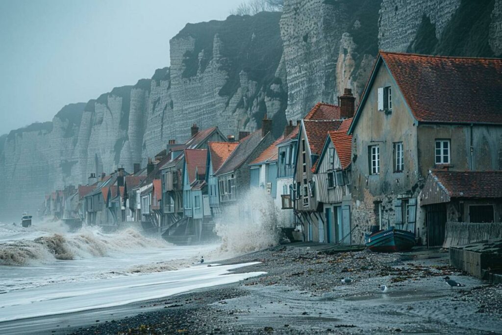 Habitations submergées par la mer lors d’une marée haute.