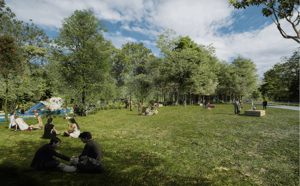 Forêt urbaine dans une grande ville européenne avec des arbres et des espaces verts.