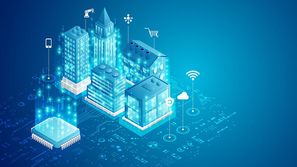 Ville connectée avec des capteurs et infrastructures intelligentes pour la gestion en temps de crise.