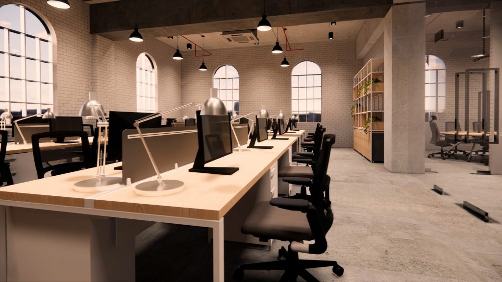 Open space moderne avec éclairage réduit pour illustrer la sobriété énergétique.