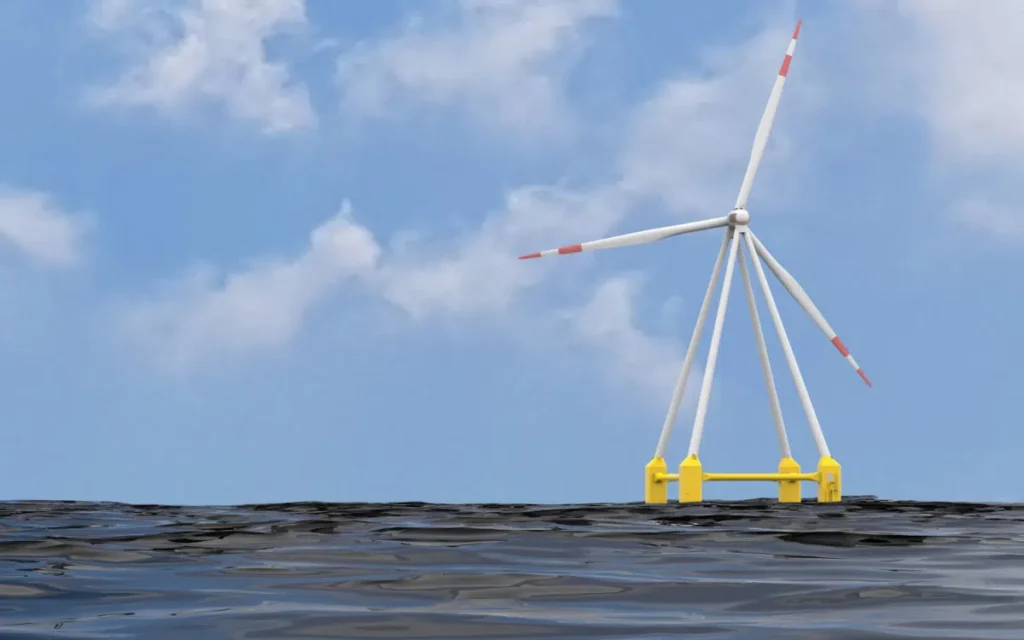Éolienne flottante en mer sur plateforme jaune
