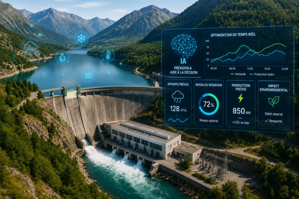 Barrage hydroélectrique utilisé pour produire de l'électricité grâce à une gestion optimisée par intelligence artificielle.