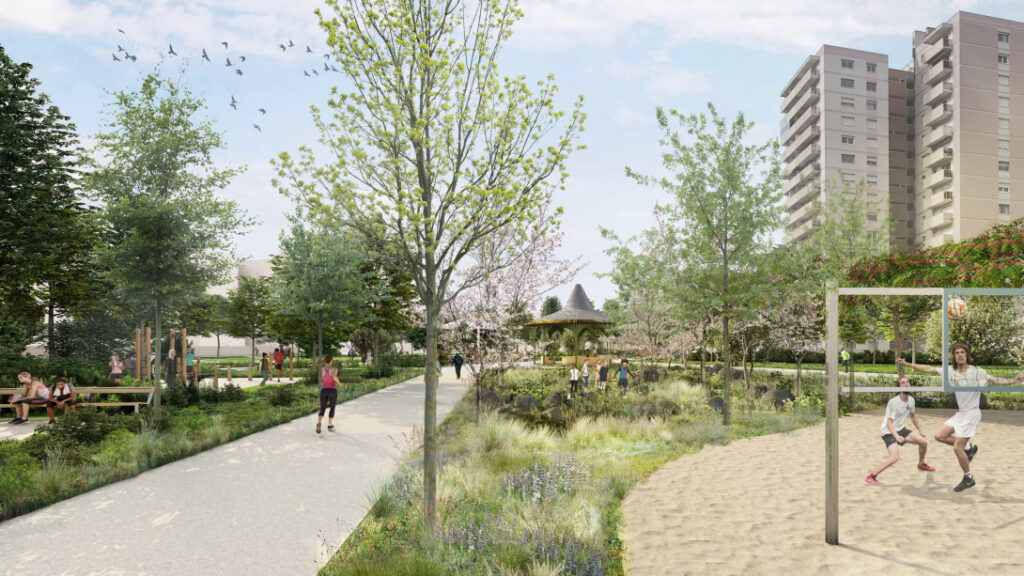 Parc urbain jouant le rôle de refuge climatique lors d'une vague de chaleur