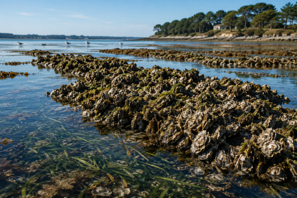 Récif d'huîtres restauré sur un littoral européen à marée basse.