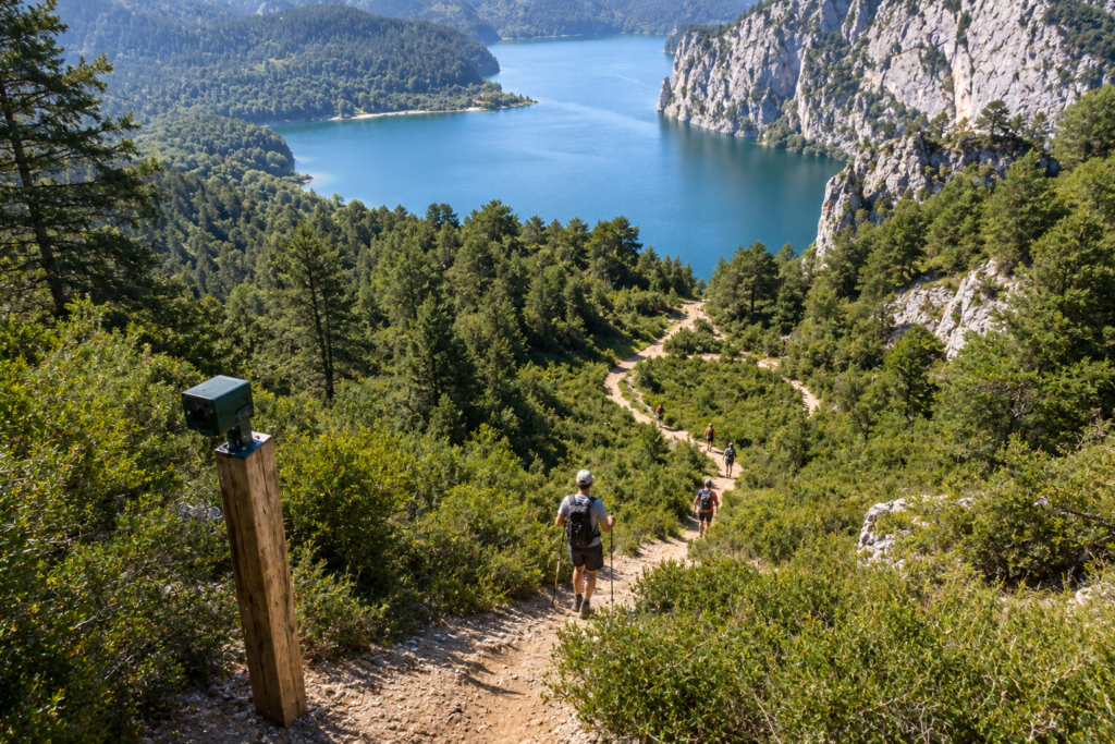 Sentier de randonnée dans un parc naturel équipé d'un système de comptage des visiteurs.