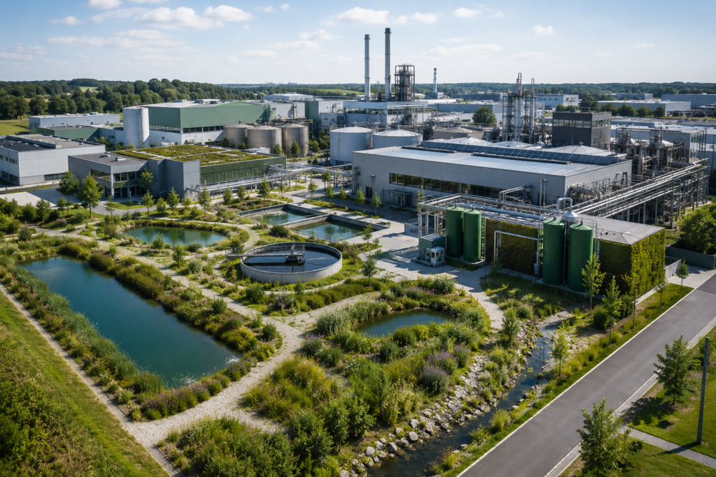 Site industriel équipé d'infrastructures de récupération et de recyclage de l'eau.
